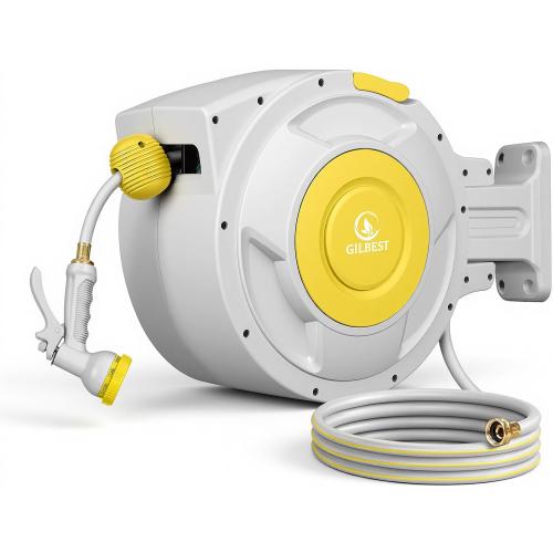 5/8 x 100 ft Retractable Garden Hose Reel, Heavy Duty Water Hose Reel | Any Length Lock, 180°Swivel, Wall Mounted Water Hose with 8-Function Nozzle for Cleaning, Watering(Yellow)