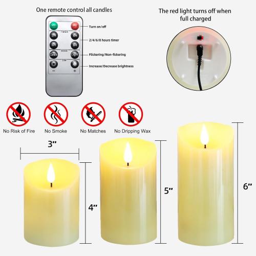 Lezonic Rechargeable Flickering Flameless Candles Battery Operated with Remote and Timer, Pack of 2(D 3'' X H 4''5''6'') Long Lasting Ivory White Real Wax LED USB Pillar Candles