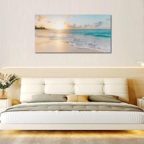 Ocean Wall Art Pictures for Living Room Beach Canvas Wall Art Decor for Bedroom Gold Sunset Canvas Painting for Wall Coastal Theme Art Print for Bathroom Home Office Decoration Ready to Hang(20*40,