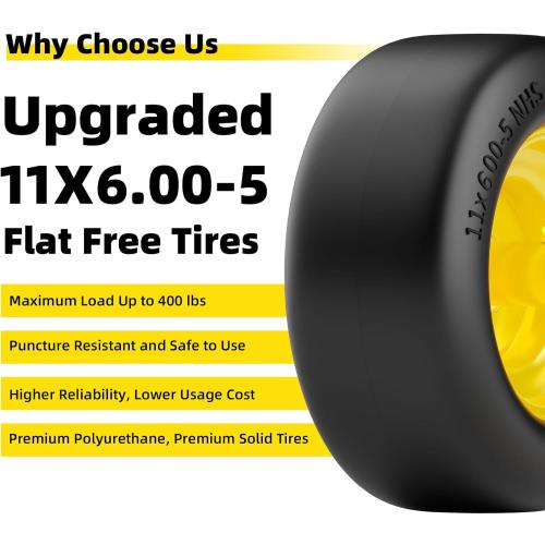 11x6.00-5 Lawn Mower Tires Flat Free, Zero Turn Mower Front Tires, 11x6-5 Solid Mower Wheel for Residential and Commercial, 3/4 and 5/8 Bearing, 6- 8 Center Hub, 2Pack Yellow, 400Lbs