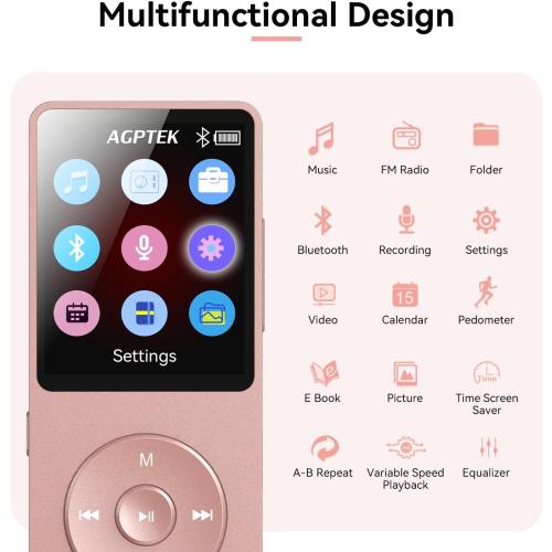 AGPTEK A02 MP3 Player with Bluetooth 5.3, 1.8 inch Screen Portable Music Player with Speaker, FM Radio, Voice Recorder, Supports Expanded Up to 128GB(Rose Gold, 64GB)