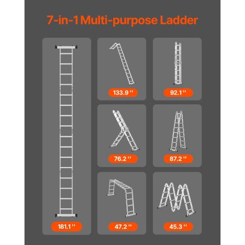 ANTI SKID PEDAL Multi-Purpose Folding Ladder, 7-in-1 Tall Extension Step Ladder, A Frame 4 Step Telescoping Ladder, 15.5ft Reach Height Heavy Duty Adjustable Ladder, 330 lbs Capacity for Home Outdoor
