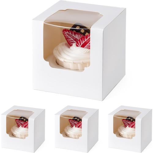 BOOMIBOO 25 Pack Individual Cupcake Containers, Cupcake Boxes with Window, Food Grade Cupcake Holders with Inserts, Stackable Deep Cupcake Carrier Easy Transport and Presentation (White)