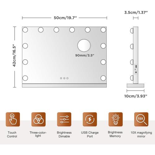 M MIVONDA Vanity Mirror with Lights, Lighted Makeup Hollywood Mirror with Dimmable 3 Color Lights LED Bulbs for Desk and Wall, Mirrors with Plug-in and USB Charger for Bedroom