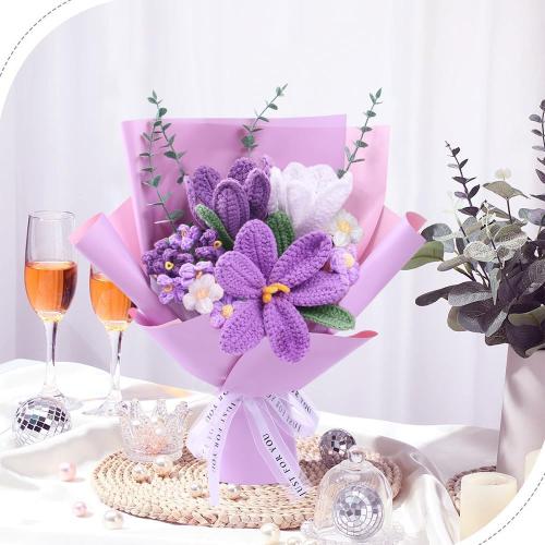 Crochet Flower Bouquet: Crochet Tulips Bouquet Handmade Knitted Flowers with Teachers' Day Wedding Birthday Employee Appreciation Mother's Day Decoration (Purple)