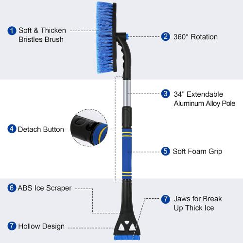 34 Extendable Ice Scrapers for Car Windshield 2-in-1 Snow Brush for Car Snow Scraper for Car Snow Scraper and Drush with Ergonomic Foam Grip for Cars, Trucks, SUVs with 360° Pivoting Brush Head Blue