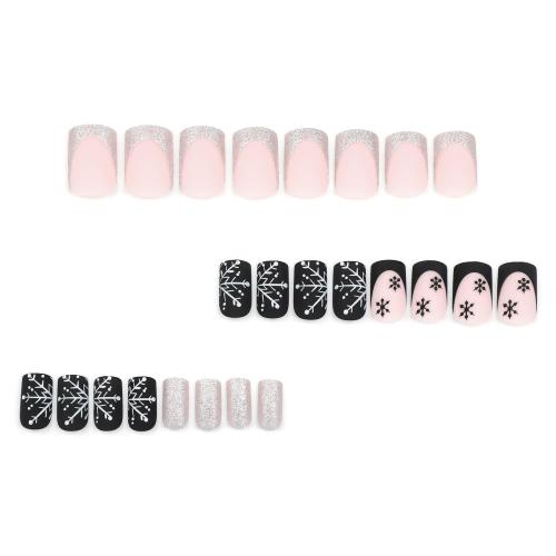 Square Snowflake Press on Nails Short Christmas Fake Nails Black & Sliver French Tip Acrylic Nails with Designs, Full Cover Stick on Nails Winter Artificial False Nails Cute Glue on Nails for Women