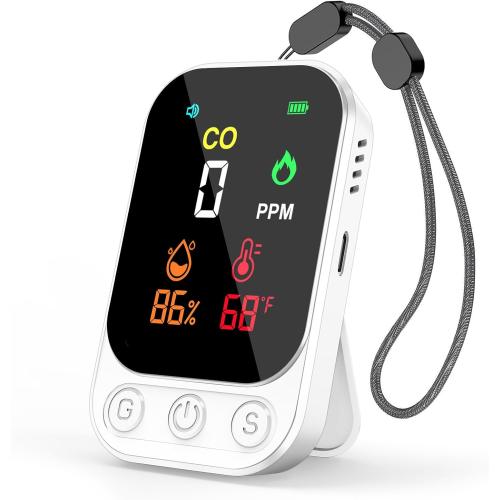 Portable Carbon Monoxide Detectors, 3-in-1 CO Detector – Mini CO, Temp & Humidity Sensor with 85 dB Alarm, Fold-Out Kickstand & Lanyard, Ultra-Low-Power Plug-Free Safety for Home, RV, Camp or Hotel