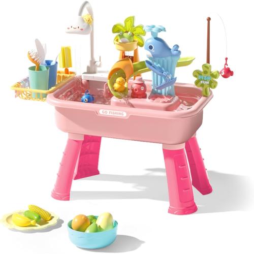 Color Pink Toddler Water Table with Automatic Water Cycle System, Water Table for Kids 4-8 Fishing Kitchen, Play Sink with Running Role-Play Sand for Kids Gift Toy (Pink)