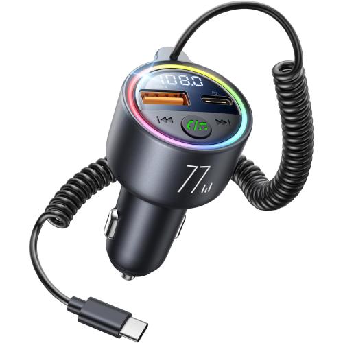 77W Bluetooth 5.4 FM Transmitter Car Adapter [PD3.0 65W 12W Fast Charging] Bluetooth Car Adapter [Deep Bass&Lossless Call Sound] Radio Bluetooth Transmitter for Car HiFi Mic & Colors LED Display