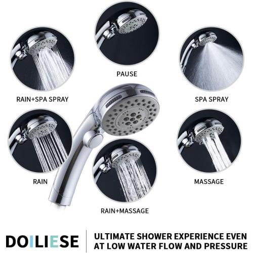 High Pressure 6 Setting Shower Head Hand-Held with ON/OFF Switch and Spa Spray Mode - Hand Held Shower Head with Handheld Spray - Shower Head with Hose - Chrome