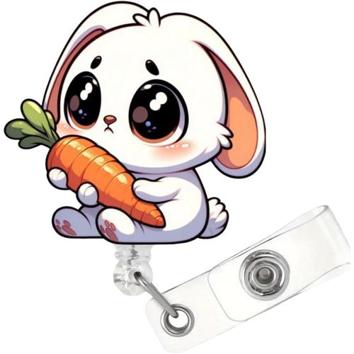 Easter Badge Holder Retractable Happy Bunny Badge Reel with Alligator Clip Funny Rabbit Holding Carrot ID Name Tag Acrylic Badge Reel for Students School Medical Assistant ID Badges Name Tag Card