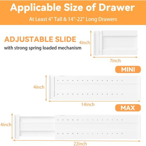 REBECAT 5 Pack Drawer Dividers for Clothes Adjustable Drawer Dividers 4 High Expandable from 15-21 for Dresser Baby Clothes Bathroom,Bedroom Kitchen and Office Storage，White