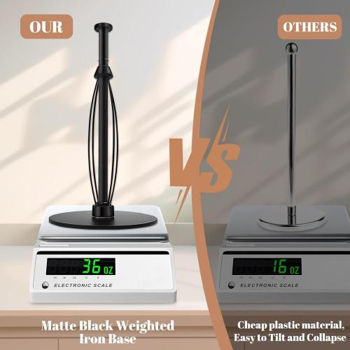 Paper Towel Holder Countertop, Stainless Steel Black Standing Weighted Paper Towel Holder with Non-Slip Suction Cup Base, One-Handed Tear Paper Roll Holder for Kitchen Bathroom