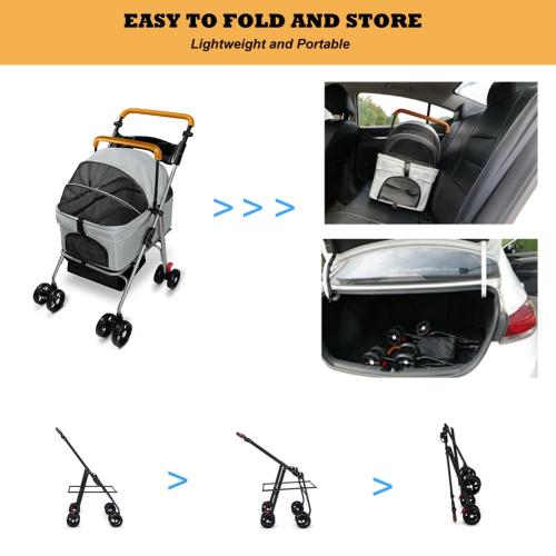 Pet Stroller with Storage Basket and Cup Holder, Folding Dog Jogger, Foldable Cat Stroller, 3 in 1 Puppy Kitten Cart, Pet Jogger for Medium Dog Cat (Gray)