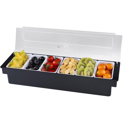 Ice Chilled Condiment Caddy with 6 Containers, 6 Compartments Fruit Veggie Condiment Caddy with Hinged Lid for Home Work Party Bar or Restaurant Plastic Tray Organizers