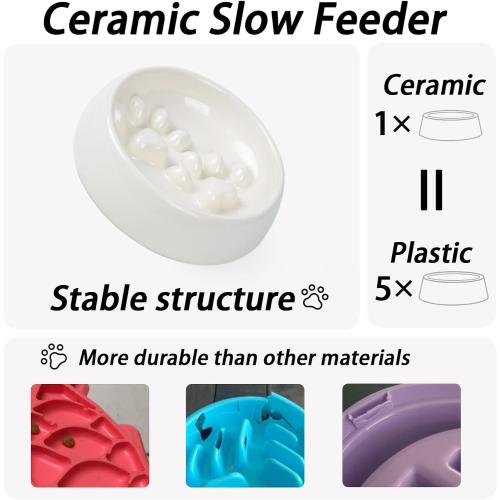 Slow Feeder Dog Bowls Ceramic, Non-Slip Slow Feeder Bowl for Small Medium Dogs & Cats, Puzzle Puppy Food Dish for Fast Eater