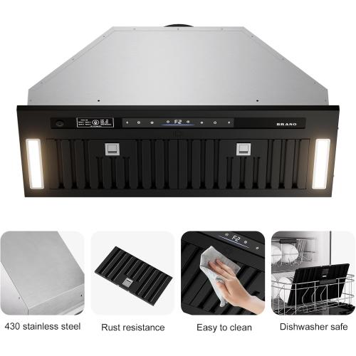 BRANO Range Hood Insert 30 Inch, 900 CFM Voice/Gesture/Touch Control Build-in Kitchen Hood Vent with 4 Speed Exhaust Fan, Memory Mode, Adjustable Lights, Ducted/Ductless Convertible