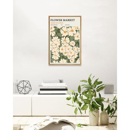 Zzuyi Framed Flower Market Wall Art,Green And White Floral Botanical Canvas Wall Decor Pictures,Floral Rusitc Pictures for Living Room Bedroom Dining Room 12x16in