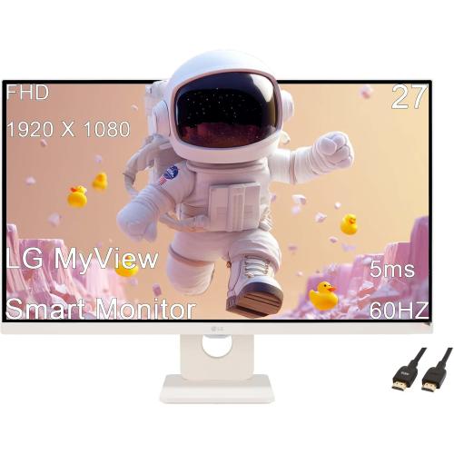 LG 27 MyView Smart Monitor, FHD IPS, 5ms, 60hz, WebOS 23, Built-in Speakers, ThinQ Home Dashboard, AirPlay 2, Screen Share, Bluetooth, HDR10, Flicker Safe, Reader Mode, White, with 5ave HDMI