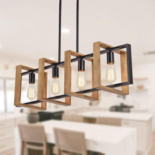 Dining Room Light Fixture Farmhouse Pendant Lights Kitchen Island Rustic Kitchen Light Fixtures 4 Lights Wood and Black Metal Rectangular Chandelier Ceiling Hanging Lighting 35.4