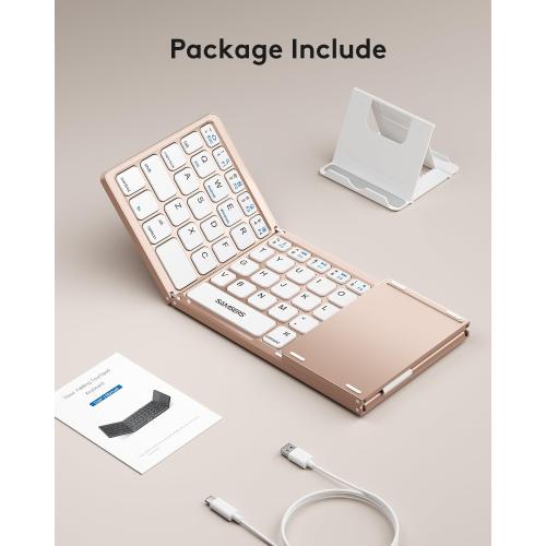 Samsers Foldable Bluetooth Keyboard with Touchpad - Portable Wireless Keyboard with Holder, Rechargeable Full Size Ultra Slim Pocket Folding Keyboards for Android Windows iOS Tablet & Laptop - Pink
