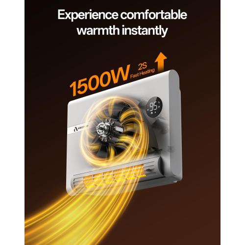 Wall Heater, Space Heater for Bedroom, 1500W PTC Fast Heating Electric Heaters for Indoor Use, 30° Oscillation, Adjustable Thermostat, 24H Timer, Remote Control, Desk or Wall Mounted Heater for Office