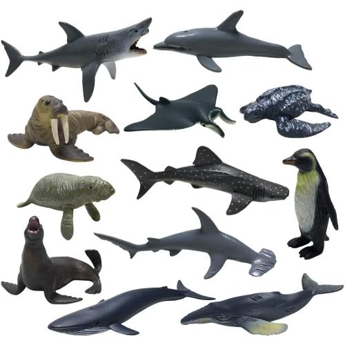 Sea Ocean Animals Pool Toys Bath Toys 12 Pack Set, Realistic Plastic Marine Figures Toy, Sea Life Creature, Rubber Ocean Creatures Figures Collection, Dolphin, White Shark, 2-4 inches.