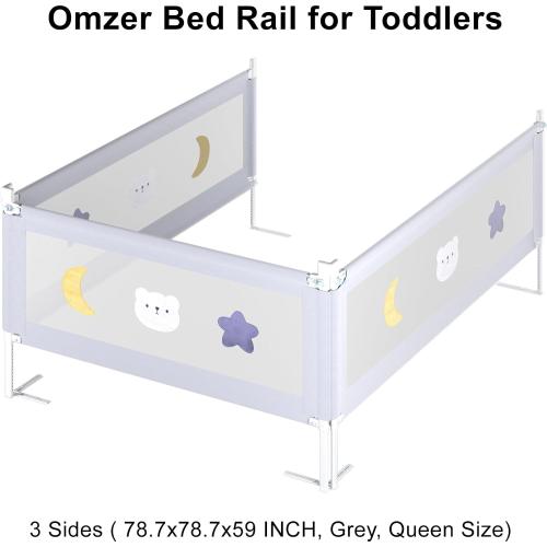 omzer 3-Piece Bed Rails for Queen Bed - Height Adjustable Bed Rail for Toddlers with Double Child Lock, Bed Rail for Baby Kids with Pattern, Infants Toddler Bed Gate for Queen Size Bed, 78.7x78.7x59”