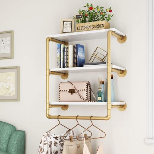 HOMEKAYT 24 Industrial Pipe Shelving, Floating Wall Shelves 3 Tier Gold Shelves with Haning Rod Multiple Use for Kitchen, Bedroom,Living Room,Bathroom