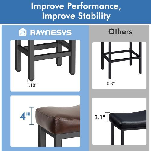 Raynesys Counter Height Bar Stools Set of 2, 24 Inch Barstools for Kitchen Island Counter, Bonded Leather Kitchen Stools with Thick Saddle Seats & Heavy Duty Metal Base, Easy Assembly, Brown/Black