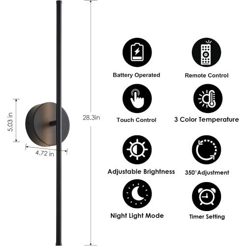 KARTOOSH Removable Battery Operated Wall Sconces Set of Two | 28.3 Inch Black Wireless Wall Sconces with Remote 350°Rotate 3 CCT & Dimming for Living Room, Bedroom, Hallway