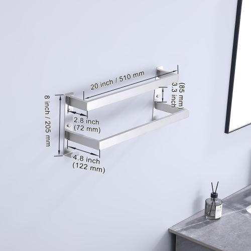Double Towel Bar Towel Racks for Bathroom, Bath Towel Holders Wall Mount, Stainless Steel Towels Shelves Towel Rail, 2-Tiers (Brushed Nickel, 20 Inches)