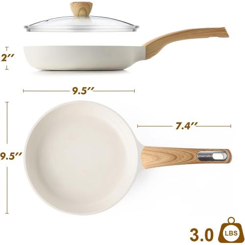 SENSARTE Ceramic Nonstick Frying Pan Skillet with Lid, 9.5inch Non Stick Pan Omelet Pans, Non-toxic Kitchen Cooking Chef's Pan, Free of Intentionally Added PFAS/PTFE/PFOA, Induction Compatible, White
