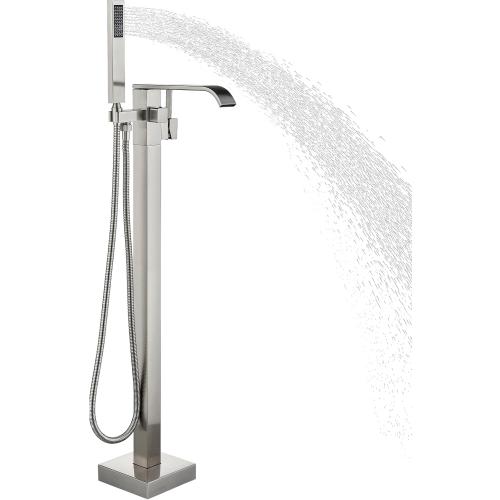 Freestanding Bathtub Faucet Brushed Nickel Tub Filler Floor Mount Single Handle Brass Tap with Handheld Shower and Swivel Mixer Spout
