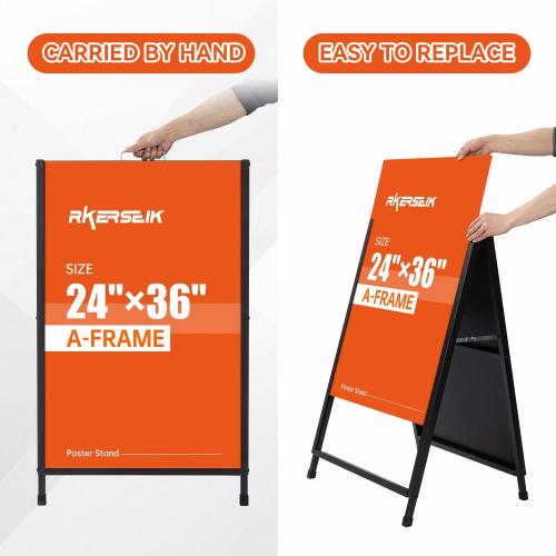 Heavy Duty A-Frame Sidewalks Signs 24×36 Inch，Sandwich Board Black Coated Steel Metal Portable Double-Sided，Slide-in Folding (24×36 Double Side （flat-pack）)