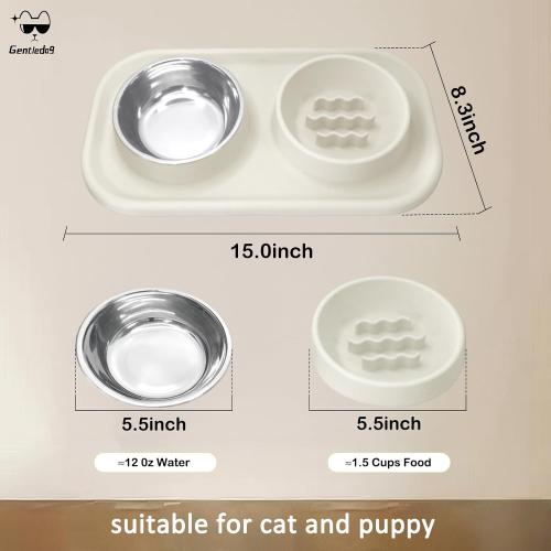 Waterproof Silicone Cat Food Bowls, Stainless Steel & Silicone Slow Feeder Double Bowls, Non-Skid & Non-Spill Raised Edge, Food and Water Feeder for Cat and Puppy