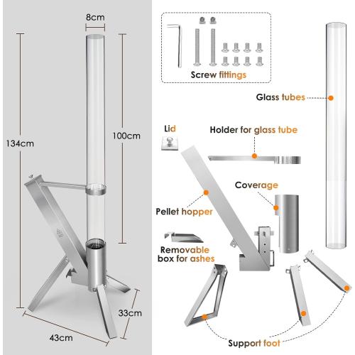 Outdoor Pellet Heater, Pellet Patio Heater, Outdoor Fire Pit with Safety Ash Box, Glass Tube(1m) Fireplace with Tripod, Add Space Light and Ambience for Patio and Backyard