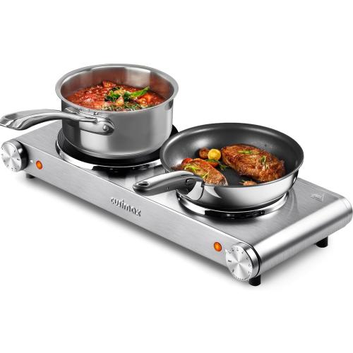 CUSIMAX Electric Hot Plate, 1800W Double Burner, Cast Iron Countertop Stove | Hot Plates for Cooking, Portable Countertop Cooktop, Works with All Cookware, Stainless Steel, Easy Cleanup,Upgraded Version