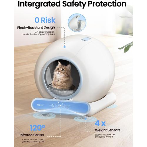 Self Cleaning Litter Box, Integrated Safety Automatic Cat Litter Box Self Cleaning 65L 9L for Multiple Cats, App Control, Odor Removal, Includes Mat & Liner (3 Rolls) - Blue