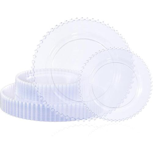 U-QE 10 PCS Clear Plastic Plates - Fancy Beaded Plates Disposable Heavy Duty - Premium Hard Plastic Plate for Party, Wedding & Birthday Including 30 Dinner10 & 30 Dessert Plate 7