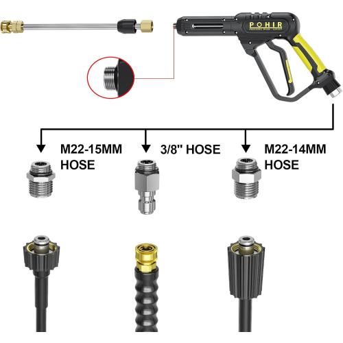 POHIR Pressure Washer Gun 3600 PSI with 3/8'' Swivel Quick Connect Extension Wand, M22 15mm and M22 14mm Fitting 30 Inch 7 Nozzle Tips, Yellow