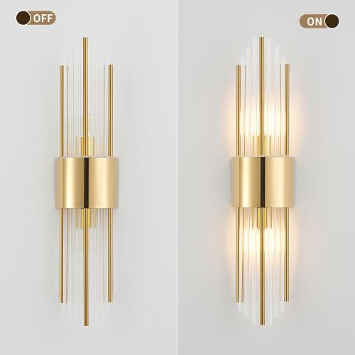 Gold Sconces Wall Set of 2, 2-Light Modern Brushed Titanium Gold Wall Sconce, Gold Vintage Crystal Wall Sconce, Modern wall sconces, for Living Room, Bathroom, Vanity, Staircase, Hallway
