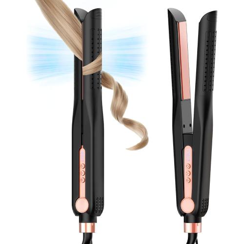 Cool Airflow Styler, Titanium Flat Iron Hair Straightener, Professional Curling Iron with Cooling Air Vents to Lock in Style, 5 Temps & Dual Voltage, Auto Off(Black & Coral).