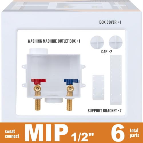 SUNGATOR Mip Washer Valve Box, 1/2 Inch Mip (Sweat) Inlet x 3/4 Inch MHT Outlet, Sweat Washing Machine Box with Brass Valves Installed