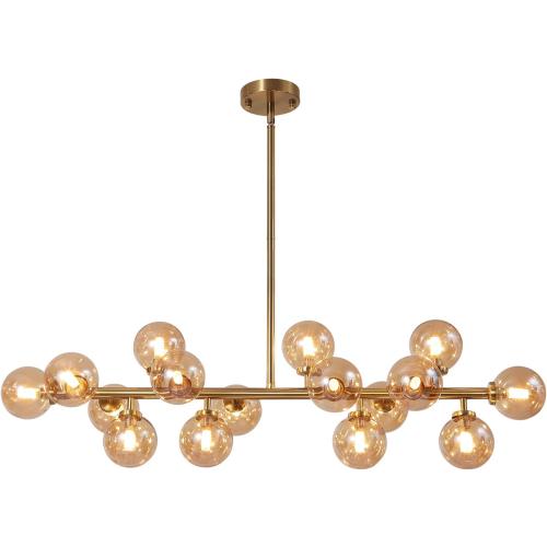 Modern Gold Chandelier Rectangle Pendant Light Ammber Globe Glass Sputnik Chandeliers Hanging Light Fixture 16-Light