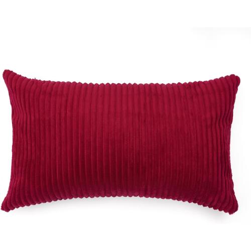 Red and Cream White Boho Striped Corduroy Throw Pillow Covers with Pink Leather Patchwork 12x20 Inch, Pack of 2, Double-Sided, Soft Home Decorative Pillows for Couch and Living Room