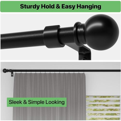2 Pack 28-48 inch Black Metal Wall Mounted Curtain Rod Set with Brackets, 5/8 Adjustable Small Curtain Rods for Bedroom, Kitchen, Living Room, Grommet Curtains