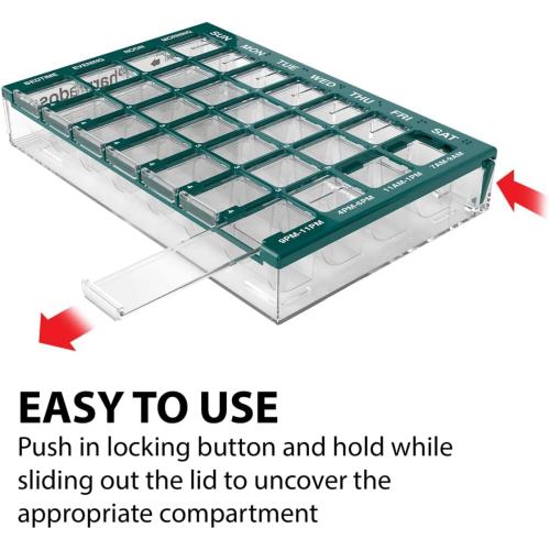 Pill Organizer Weekly (7-Day), Medicine Planner, Vitamin Case/Box, Medium Compartments with Easy Fill Tray, 4 Times a Day, Easy to Use Containers, Clear Lids, Green, BPA Free
