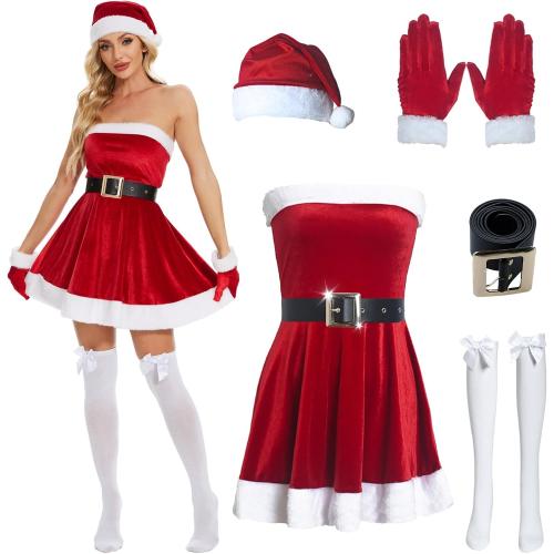 Christmas Dress Women Santa Clause Costume with Santa Belt Gloves, Hat, Bow Knee Socks